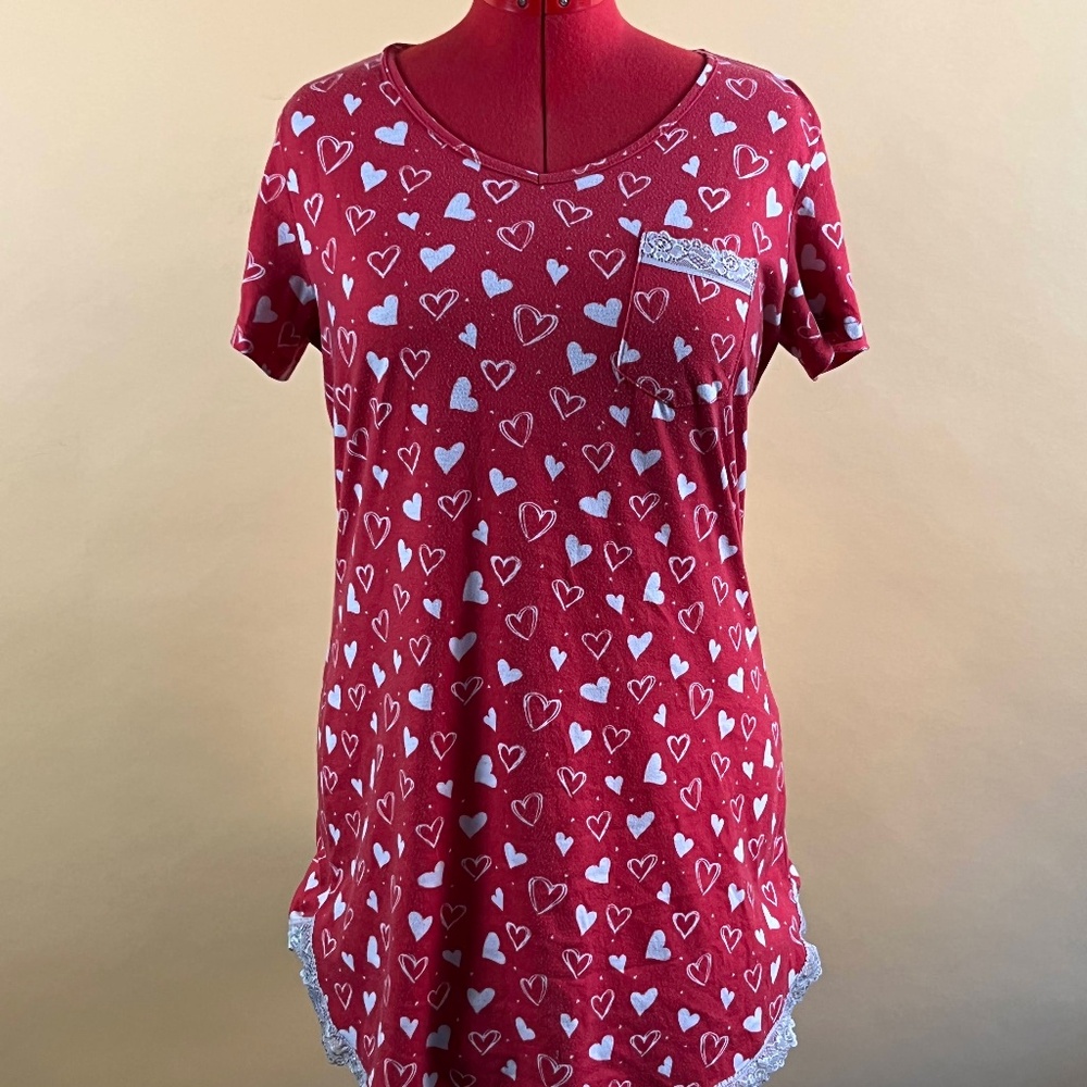 Ekouaer Large Sleep Shirt, Red with White Hearts